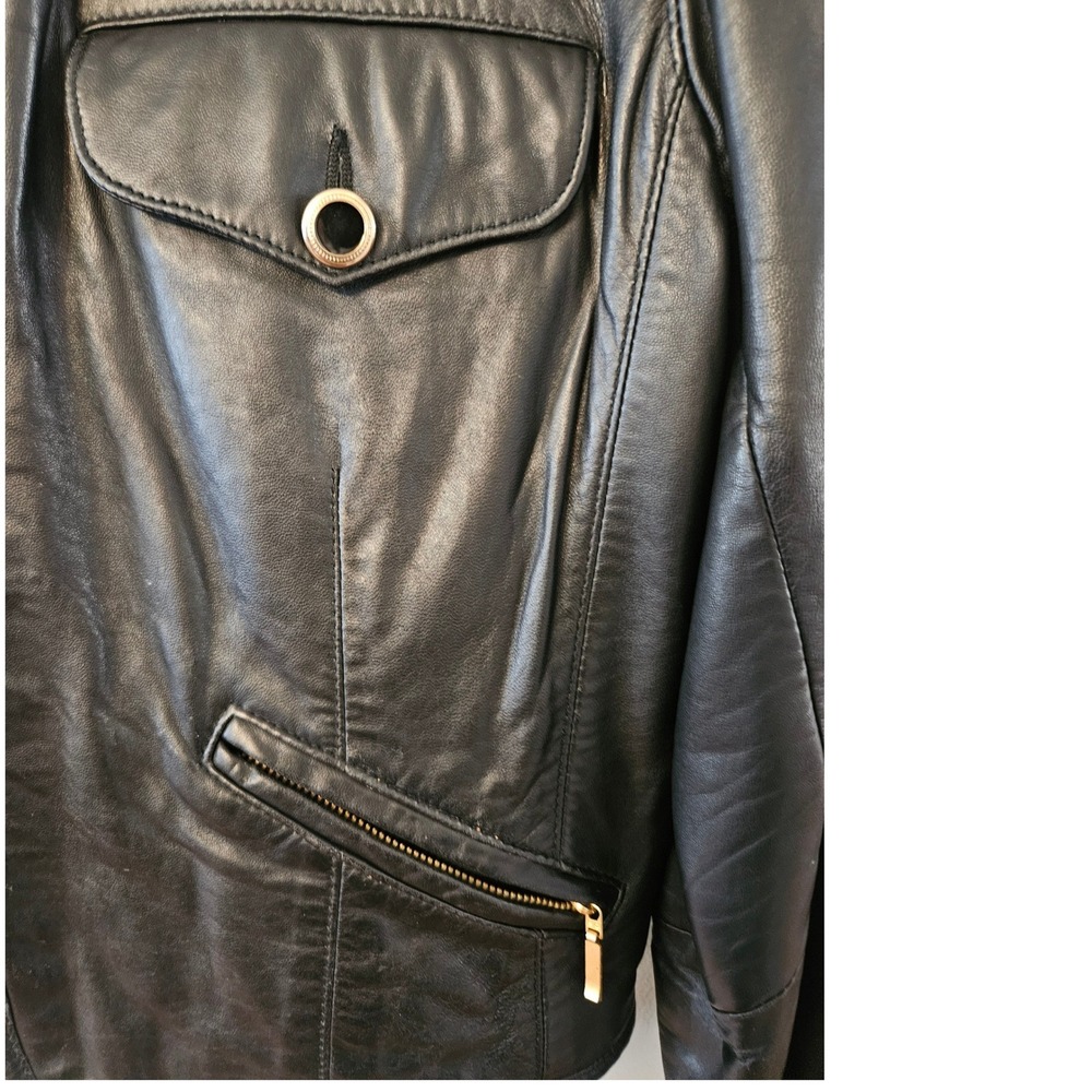 Lizwear Womens Black Leather Jacket Collarless Zip Front Gold Hardware Size M - Picture 4 of 11